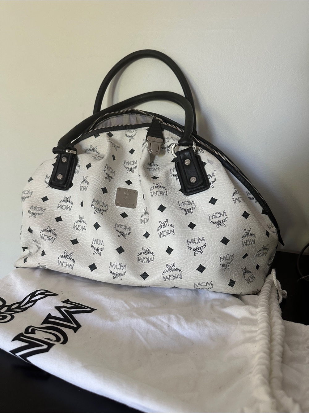 MCM White and Black Logo Dome Satchel with Top Handles